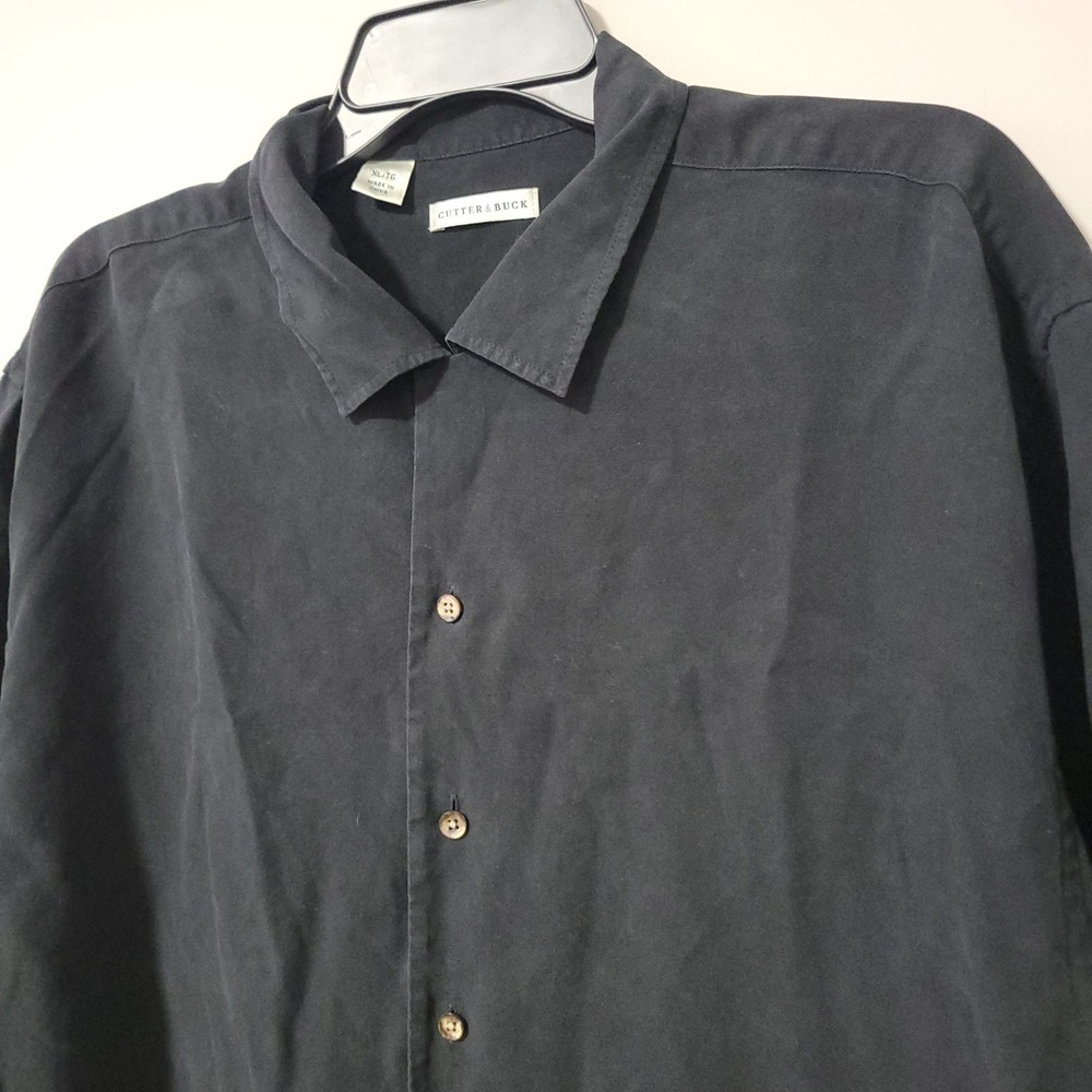 Cutter & Buck Button Down Shirt Mens XL Black 100% Silk Short Sleeve Embroidered